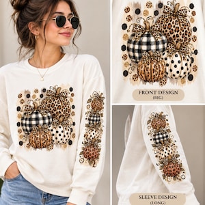 Retro Pumpkin Patch Shirt and Sleeves design Png, Leopard Print Pumpkin Sublimation Design, Fall Autumn Png,Boho fall Pumpkin Stack Digital