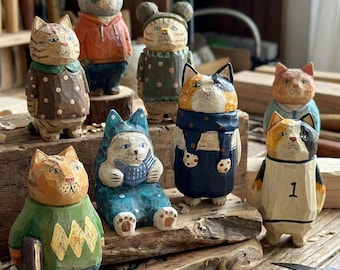 Hand Carved Wooden Cat Sculpture, Folk Art Cat Figurine for Cat Lover Gift, 5th Wood Anniversary Gift for Her, Rustic Shelf Decor Art