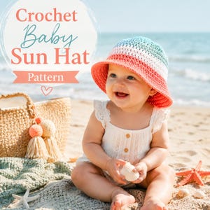 Può includere: Un cappello da sole per neonati all'uncinetto con strisce orizzontali color corallo, bianco e verde acqua. Il cappello presenta una tesa larga inclinata verso il basso. L'immagine include il testo "Crochet Baby Sun Hat Pattern" con un cuoricino.