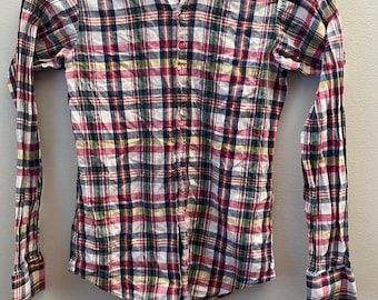 Vintage Fraternity Row Boys Plaid Button Down Shirt Size 14 Bruxton Checkered Plaid Preppy Classic 80s 90s USA.