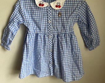 Hush Puppies Girls Vintage Dress  Blue & White Gingham Check. Peter Pan Collar Embroidered Cherries. Vintage Kids Clothes