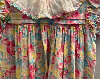 Girls Vintage Flower Girl Dress Pleated Ruffle Linen  Collar Ruffle Puff Sleeves Pink Yellow Flowers Preppy Cottagecore  Fairy Best Fit 3/4