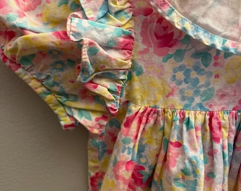 Girls Vintage Flower Girl Dress Pleated Ruffle Linen  Collar Ruffle Puff Sleeves Pink Yellow Flowers Preppy Cottagecore  Fairy Best Fit 3/4