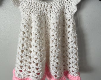 Baby Girls Vintage Crochet Dress White & Pink 60s/ 70s Girly Handmade