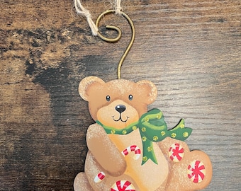 Vintage Y2K RTC Teddy Bear Ornament Handpainted Peppermint 5 1/2” NOS