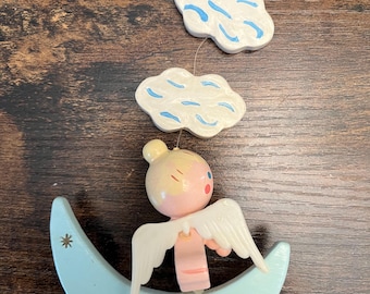 Irmi Vintage Crib Mobile Part Angel Wood Ornament Moon Clouds Stars Celestial Nursery Ornament