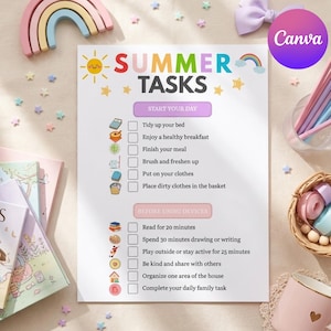Puede incluir: Una lista de control de papel blanco titulada Summer Tasks con iconos y texto coloridos. La lista incluye secciones para Start Your Day y Before Using Devices, con tareas como Tidy up your bed, Read for 20 minutes y Spend 30 minutes drawing or writing.