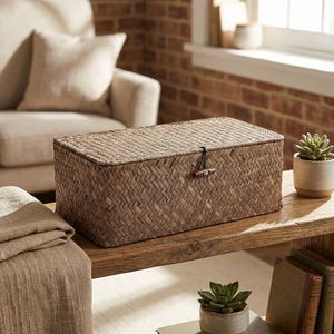 May include: A rectangular storage box crafted from woven brown seagrass, featuring a flat lid secured by a dark elastic loop and a small wooden toggle fastener. The box has a consistent herringbone weave pattern throughout its exterior surface.