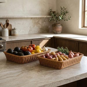 May include: Two rectangular woven brown baskets sit on a countertop. The left basket contains dark green avocados, red tomatoes, and yellow lemons. The right basket holds red potatoes, small onions, and a sprig of green herbs.