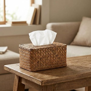 May include: A rectangular tissue box cover crafted from woven brown seagrass or rattan material. The box features a tight, uniform diagonal weave pattern and a removable lid, with a stack of white facial tissues protruding from the center opening.