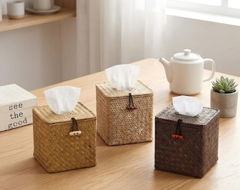 Square Seagrass Tissue Box Cover, Woven Cube for Bathroom or Farmhouse Decor