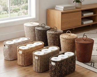 Rattan Toilet Paper Storage Basket, Wicker Trash Can with Lid – Natural Woven Home Decor