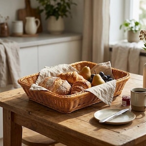 May include: A rectangular woven wicker basket lined with a light beige linen cloth, containing a round loaf of bread, two croissants, two yellow pears, and a small cluster of dark purple grapes, resting on a wooden table surface.