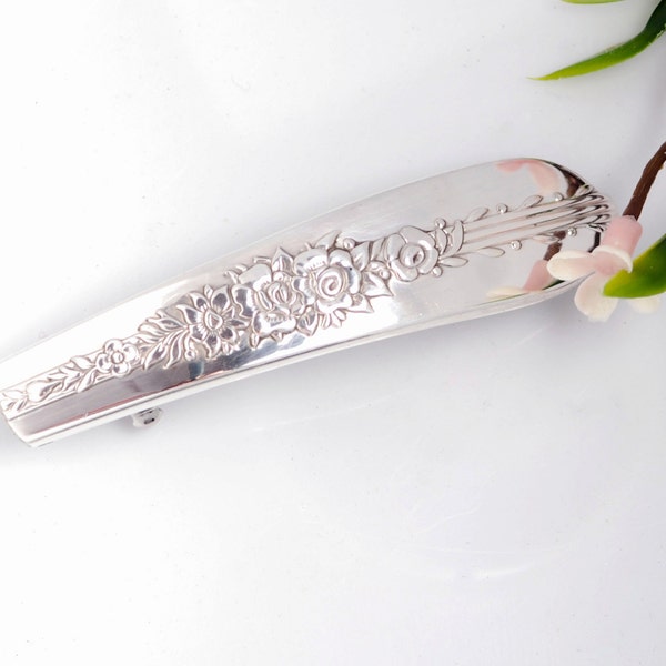 Hair Barrette, Vintage Spoon Barrette, Royal Rose Silverware Hair Barrette, French Clip Spoon Barrette, Silver 1939 Hair Barrette (mcf H05)