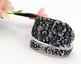 Sterling Spoon Ring, Bridal Bouquet Spoon Ring, 1932 Sterling Silver Spoon Ring, Vintage Floral Ring, Sterling Silverware Jewelry  (mcfS103)