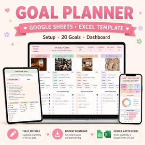 Goal Planner ,Google Sheets Template, Goal Tracker & Task Tracker Spreadsheet, 20 Goals Dashboard, Productivity Planner, Excel Compatible