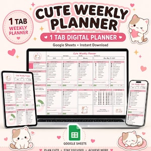 Peut inclure: Un planificateur hebdomadaire numérique pour Google Sheets avec un thème de chat mignon et des accents roses. La mise en page comprend des sections pour les priorités, les listes de tâches, les suivis d'habitudes et des barres de progression.
