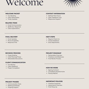 Könnte beinhalten: Ein beigefarbenes Client Welcome-Dokument mit einem dunkelblauen Sonnensymbol und Textabschnitten wie Welcome Packet, Contact Information, Related Items, Final Delivery, Next Steps, Revision Process, Project Roadmap, Client Communication, How We Work, Project Phases und Important Policies.