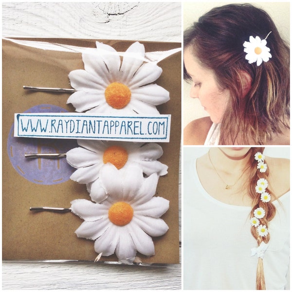 3 Daisy Flower Hair Bobby Pins Woman's Summer Hippie Boho Hair Accessories