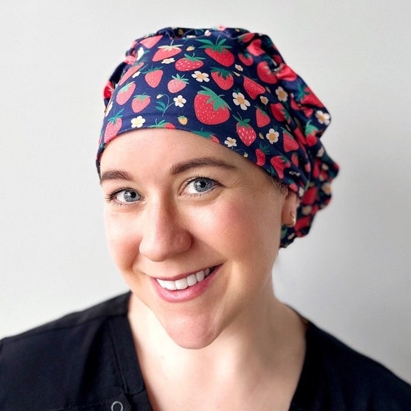 Hello Headband Scrub Hat - Navy Strawberries - Women’s Soft Scrub Cap