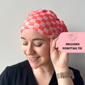 DuoStyle Scrub Hat - Pink and Orange Checker  - Women’s Soft Scrub Cap