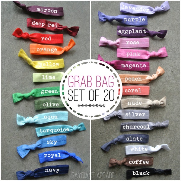 GRAB BAG 20 TIES - hair tie ponytail holders - stretchy no dent no damage fold over elastic ribbon knotted ties