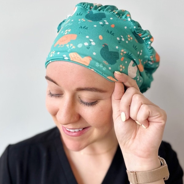 Hello Headband Scrub Hat - Hens Chicken Animals - Women’s Soft Scrub Cap