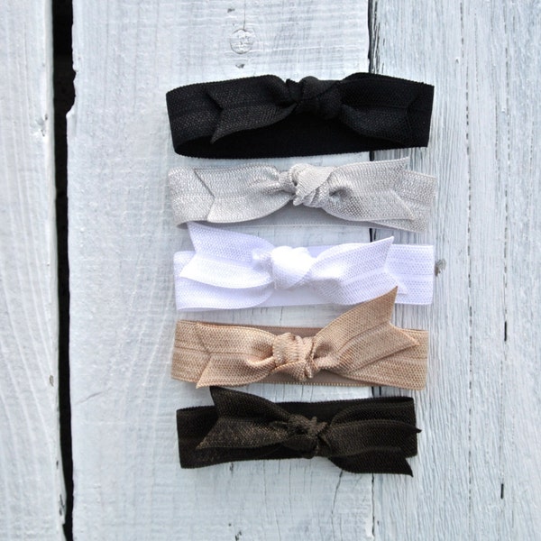 bow hair tie ponytail holders - neutral pack of 5- stretchy no dent no damage fold over elastic ribbon knotted ties