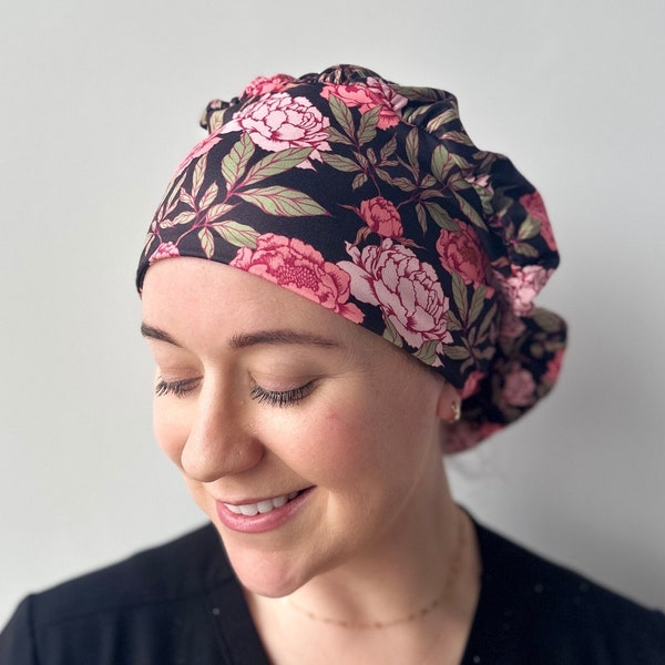 Hello Headband Scrub Hat - Pink Peonies Floral - Women’s Soft Scrub Cap