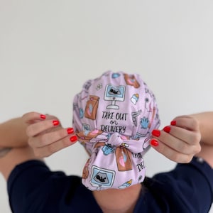 CloudCaps Scrub Cap - Take Out Or Delivery - Women’s Soft Scrub Cap Ponytail