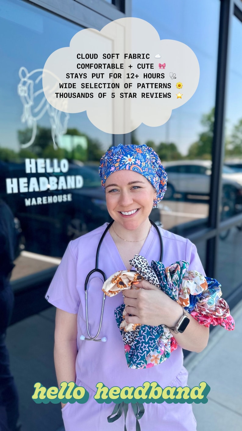 May include: A woman wearing a purple scrub top and a colorful patterned surgical cap holds a variety of colorful headbands. The text "HELLO HEADBAND WAREHOUSE" is visible on a sign behind her. The text "hello headband" is written in a retro font at the bottom of the image.