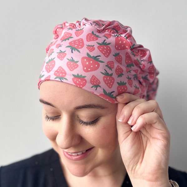 Hello Headband Scrub Hat - Strawberries - Women’s Soft Scrub Cap