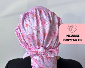 DuoStyle Scrub Hat - Floral Lungs - Women’s Soft Scrub Cap Ponytail