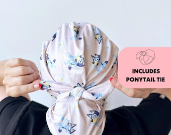 DuoStyle Scrub Hat - Daisy Blue Dog - Women’s Soft Scrub Cap Ponytail