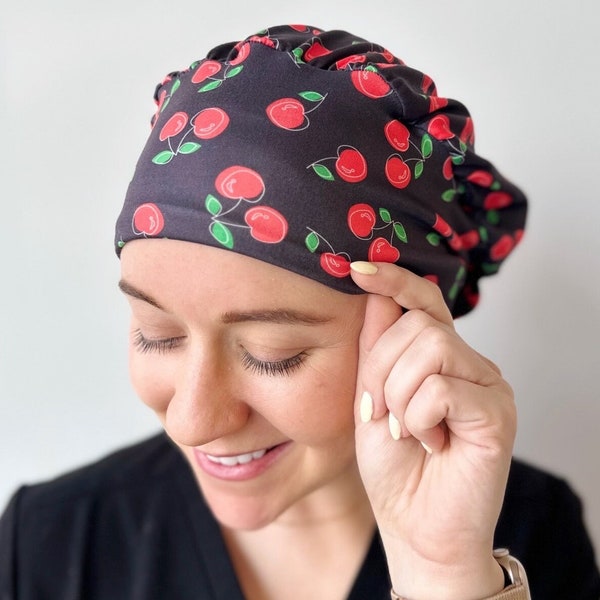 Hello Headband Scrub Hat - Cherries - Women’s Soft Scrub Cap