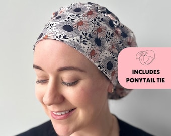 DuoStyle Scrub Hat - Black Sunflower Floral Fall - Women’s Soft Scrub Cap