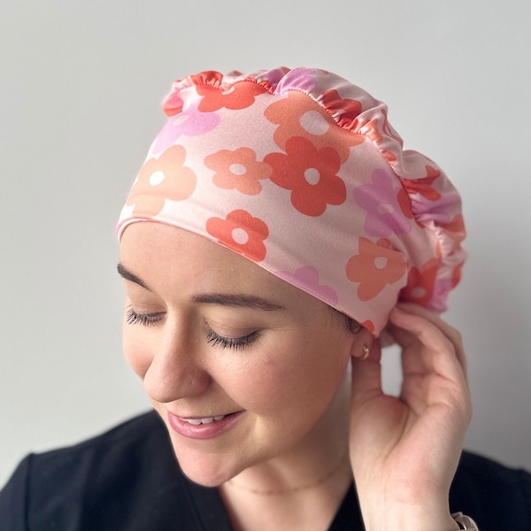 Hello Headband Scrub Hat - Pink & Orange Groovy Flowers - Women’s Soft Scrub Cap