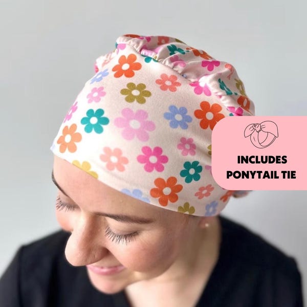 Touca cirúrgica DuoStyle - Estampa floral multicolorida moderna - Touca cirúrgica macia feminina