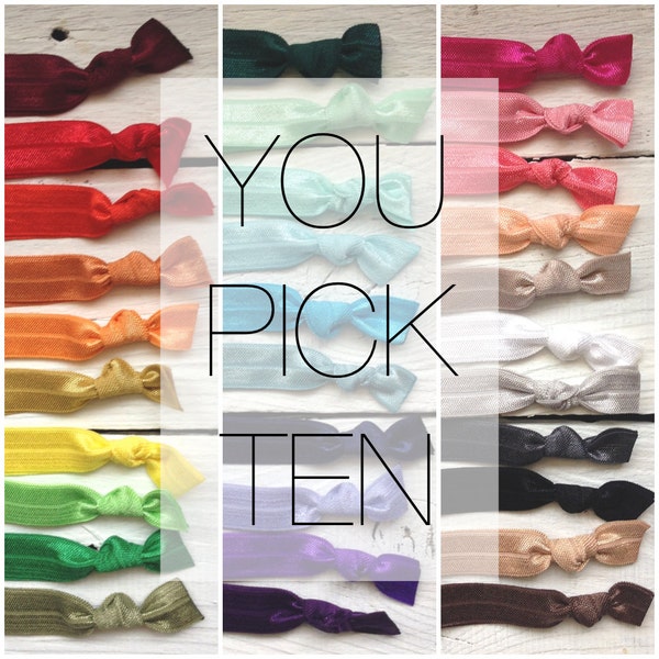 hair tie ponytail holders - custom pack you pick 10 - stretchy no dent no damage fold over elastic ribbon knotted ties