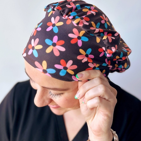 Hello Headband Scrub Hat - Multicolor Flowers - Women’s Soft Scrub Cap