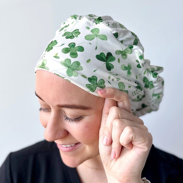 Hello Headband Scrub Hat - Watercolor Shamrocks St Patrick’s Day - Women’s Soft Scrub Cap