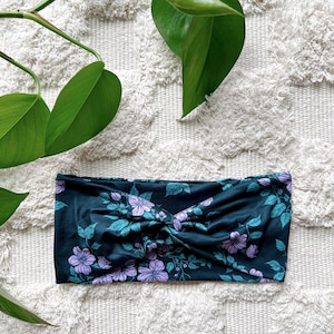 Hello Headband - Twistband - Purple Flowers - Stretchy Soft Women’s Headband