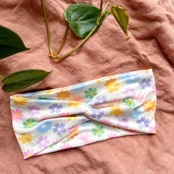 Faixa de cabeça Hello - Faixa torcida - Floral pastel - Faixa de cabeça feminina elástica e macia