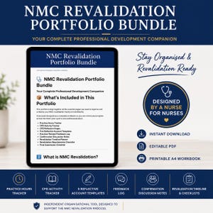 Może przedstawiać: Cyfrowy pakiet portfolio rewalidacji NMC wyświetlony na ekranie tabletu. Dokument zawiera narzędzie do śledzenia godzin praktyki, śledzenia aktywności CPD, strony do refleksji, szablony kont, dziennik opinii oraz listy kontrolne dla pielęgniarek.