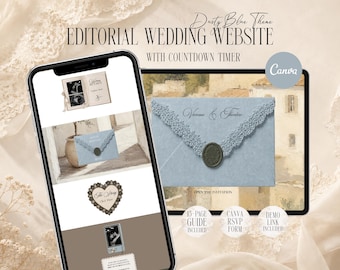 Dusty Blue Wedding Website Template Canva with RSVP, Elegant Digital Invitation with Countdown