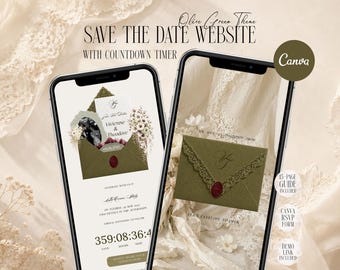 Olive Green Save The Dates Website Canva, Editable Digital Wedding Templates with RSVP and Countdown