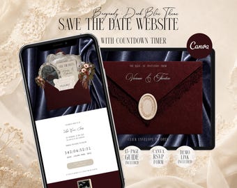Burgundy Save The Dates Website Template Canva, Digital Lace Wedding Invitation with RSVP Form
