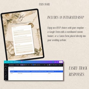 以下が含まれることがあります： 統合されたRSVPフォームを備えた結婚式の招待状テンプレートを表示するデジタルタブレットと、回答を追跡するためのスプレッドシートインターフェイス。「FERN IVORY」、「INCLUDES AN INTEGRATED RSVP」、「EASILY TRACK RESPONSES」というテキストが含まれています。