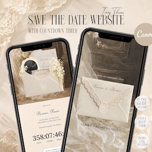 Puede incluir: Dos teléfonos inteligentes muestran una plantilla de sitio web "Save the Date" con un tema de color marfil. Las pantallas muestran un gráfico de sobre con borde de encaje, un sello de cera y texto que incluye "Save the Date Website" y un temporizador.