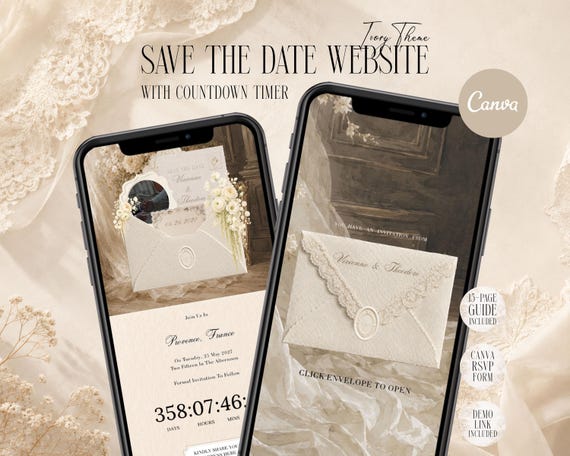 Save The Date Website Template, Ivory Old Money Wedding Website Canva, RSVP, Digital Wedding Invite
